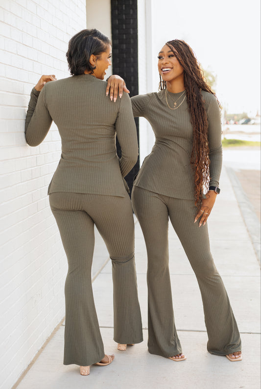 Tall Green Ribbed Knit Pants for tall women – product image