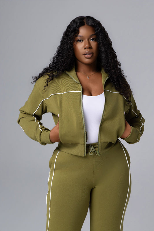 Olive Essential Track Pants for tall women closeup front view