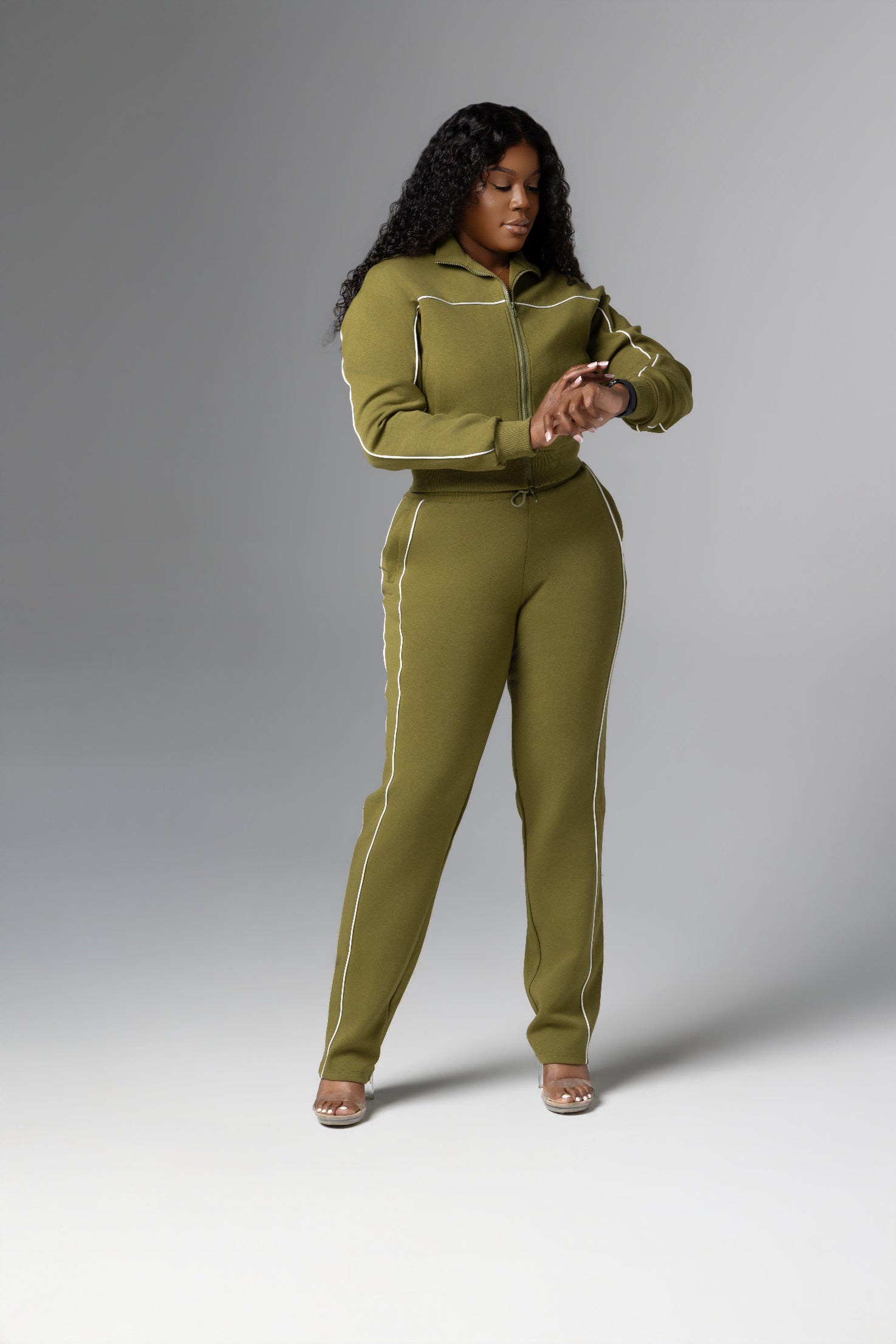 Olive Essential Track Top for tall women front standing view