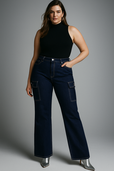 Tall Women Dark Denim Cargo Jeans | TJL Collection