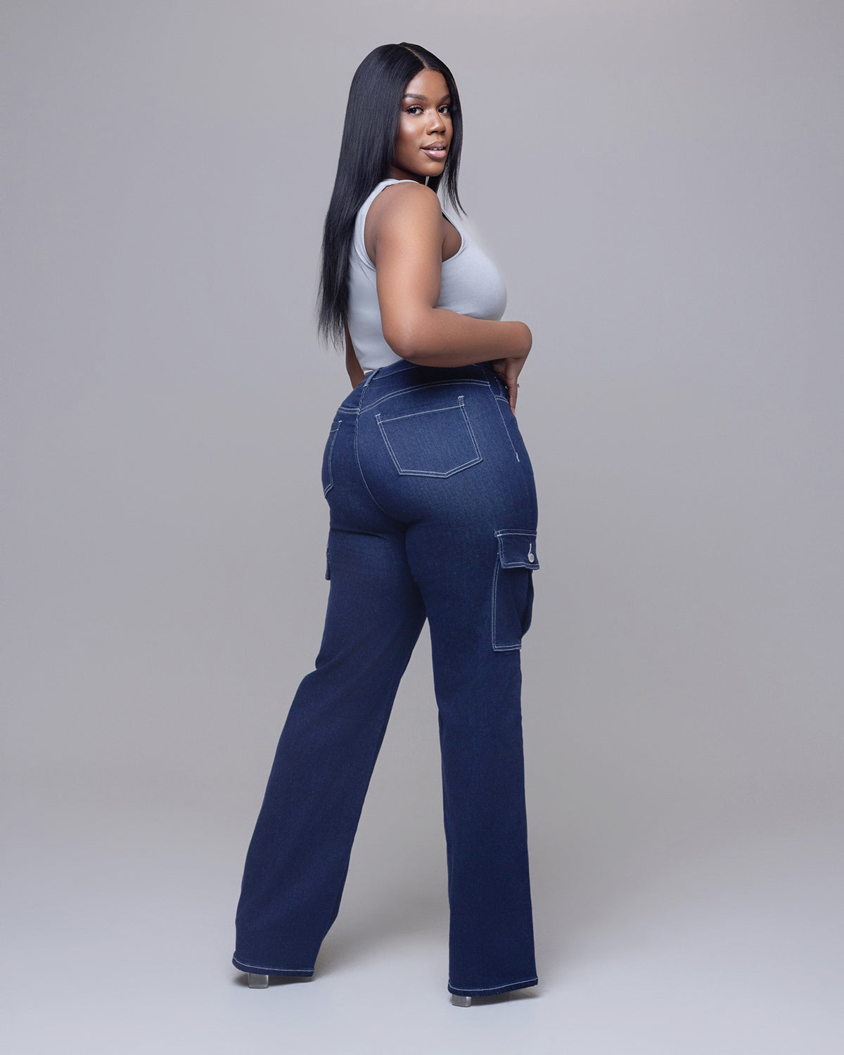 Tall Women Dark Denim Cargo Jeans