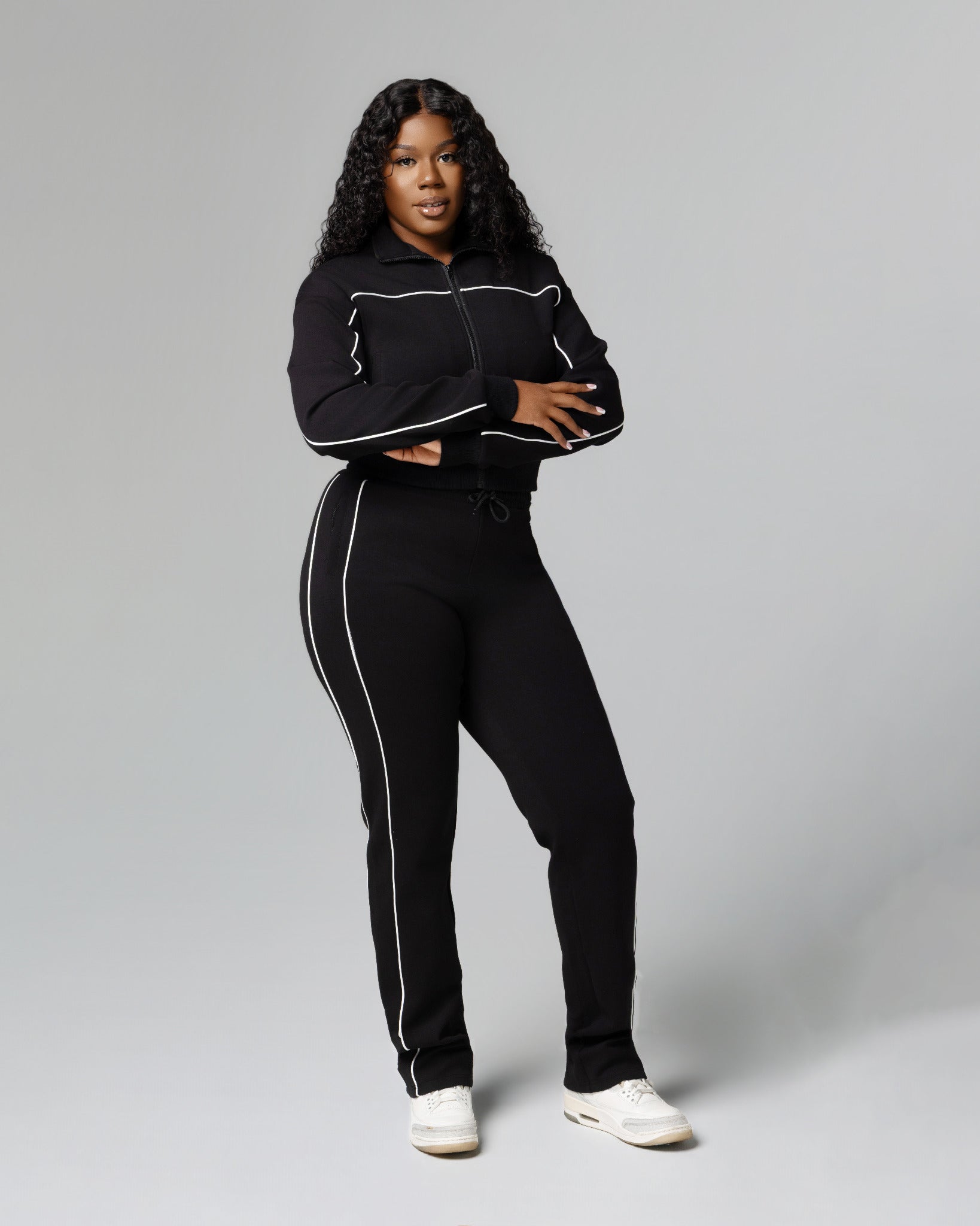 Black Essential Track Top for tall women front posed view