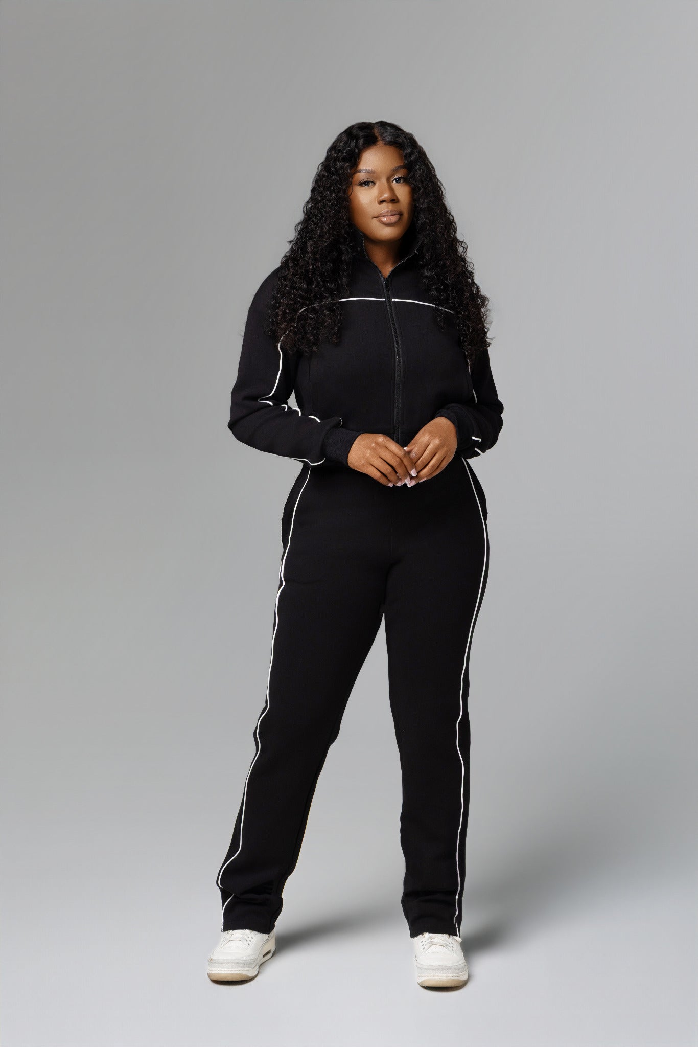 Black Essential Track Top for tall women front standing view