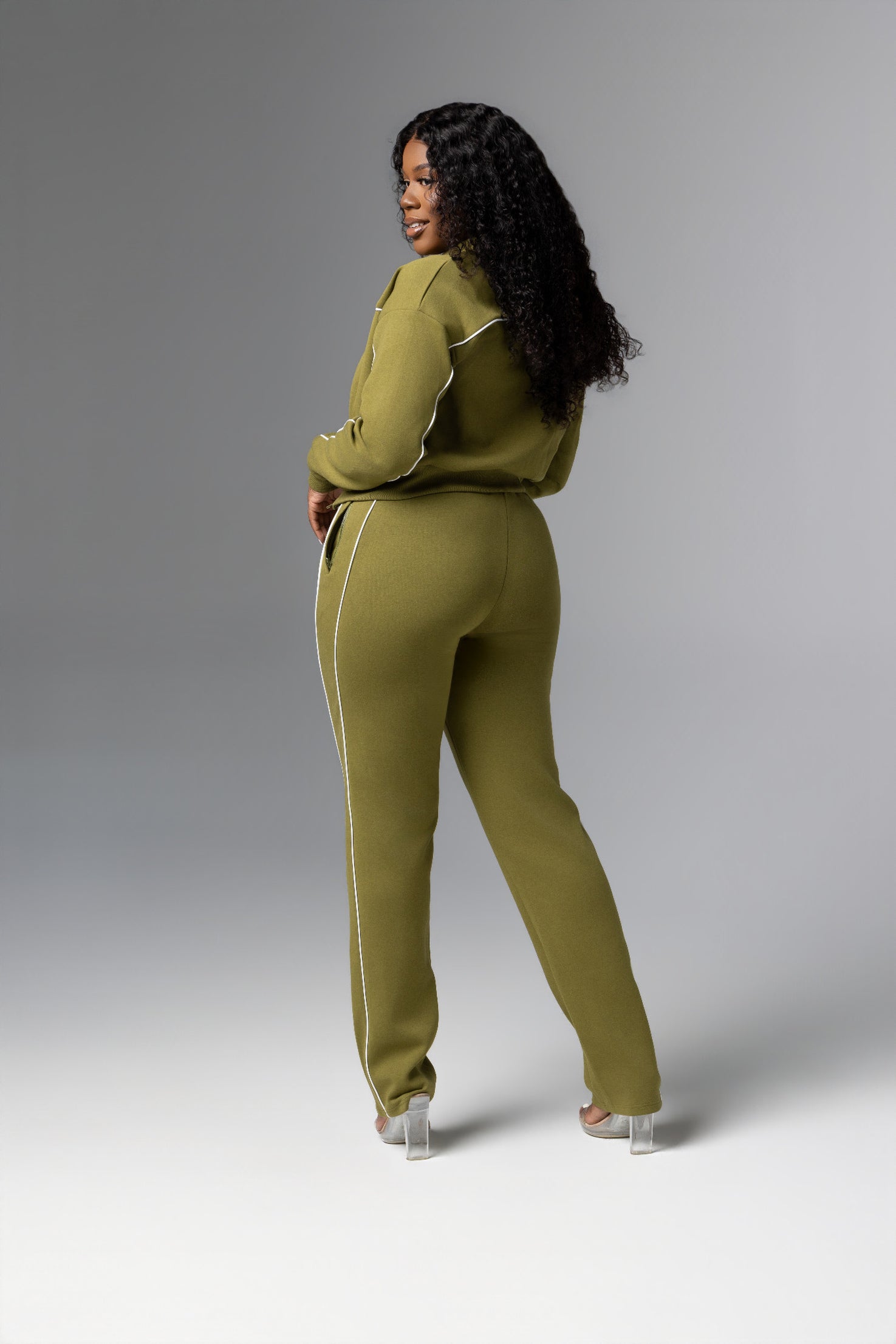 Olive Essential Track Top for tall women back angled view