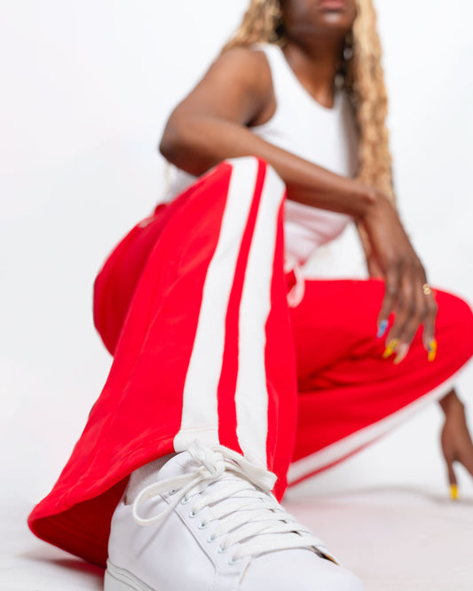 Tall Red and White Stripe Sweatpants designed for tall women with extra length and full leg coverage
