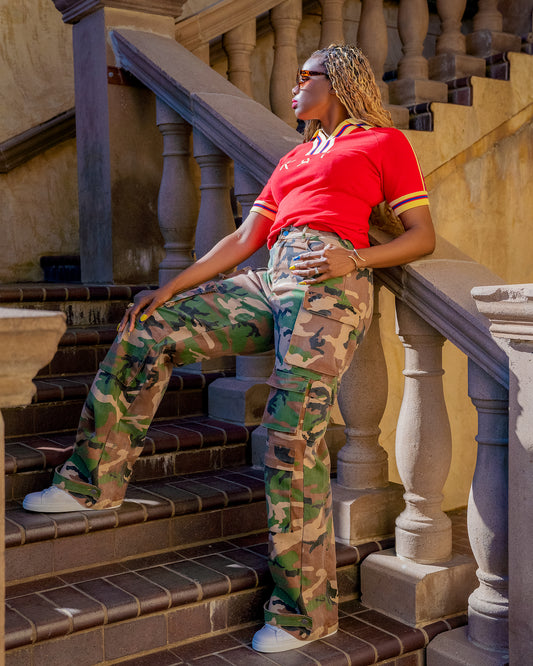 Tall Statement Camo Pants full length fit on tall model