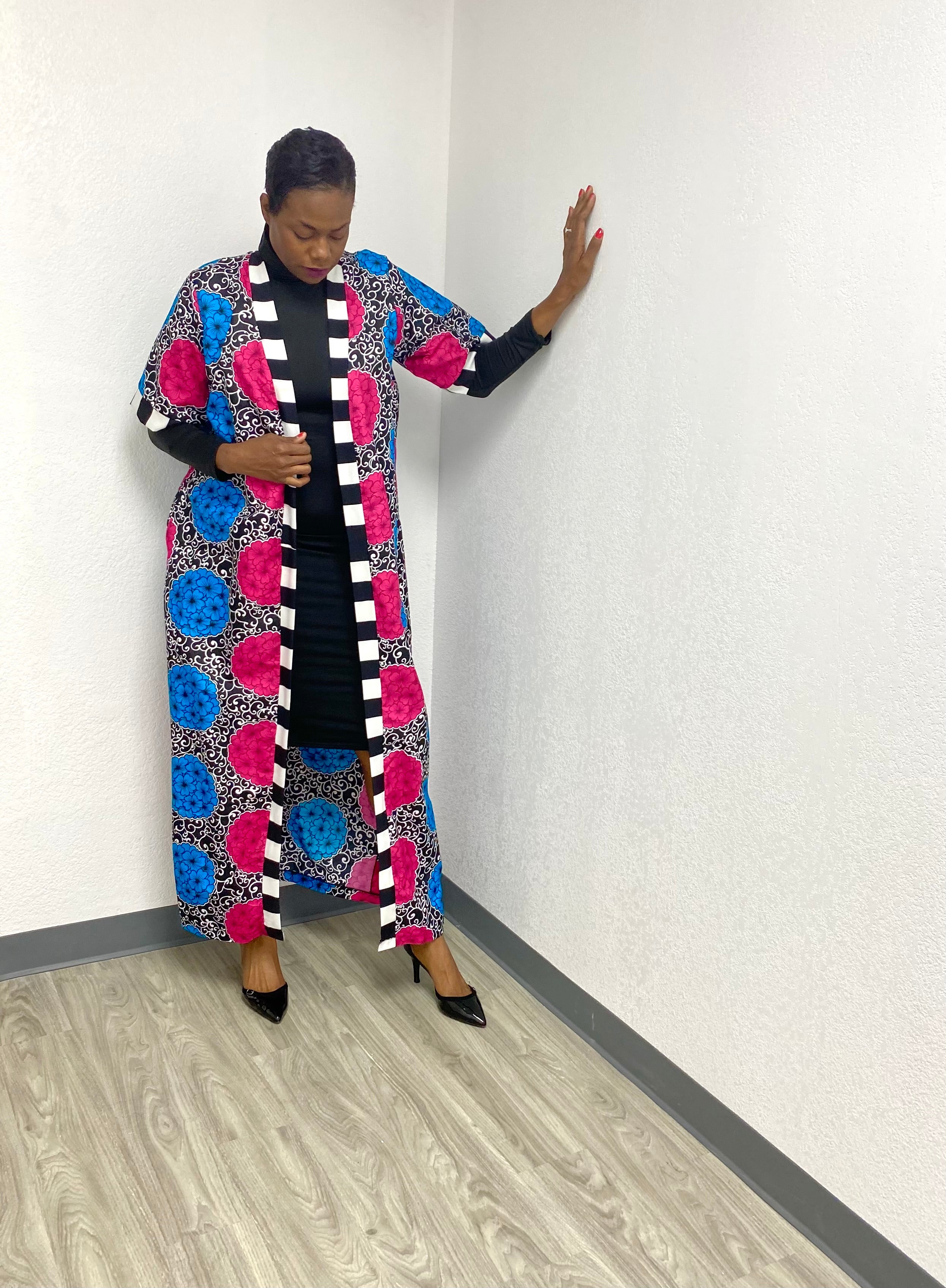 Tall Blue and Fuchsia Floral African Printed Kimono Jacket